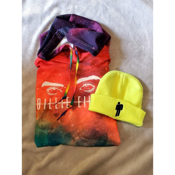 None Tops - BILLIE EILISH Long Sleeve Galaxy Juinors Crop Hoodie Size Lg Beanie Hat Bundle